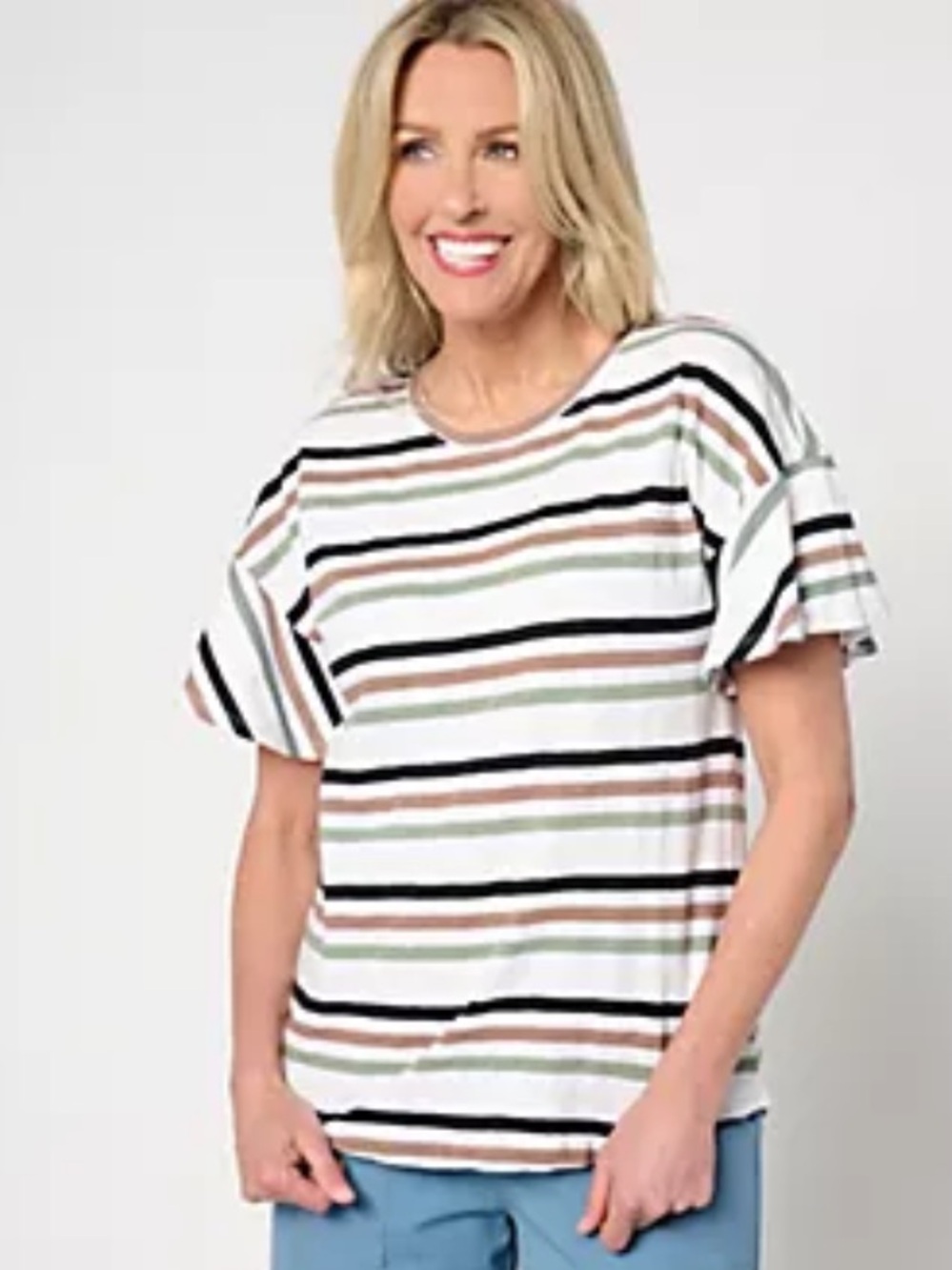 AnyBody Short Flutter Sleeve Striped Knit Cotton T-Shirt Plus Size 1X Sage Multi